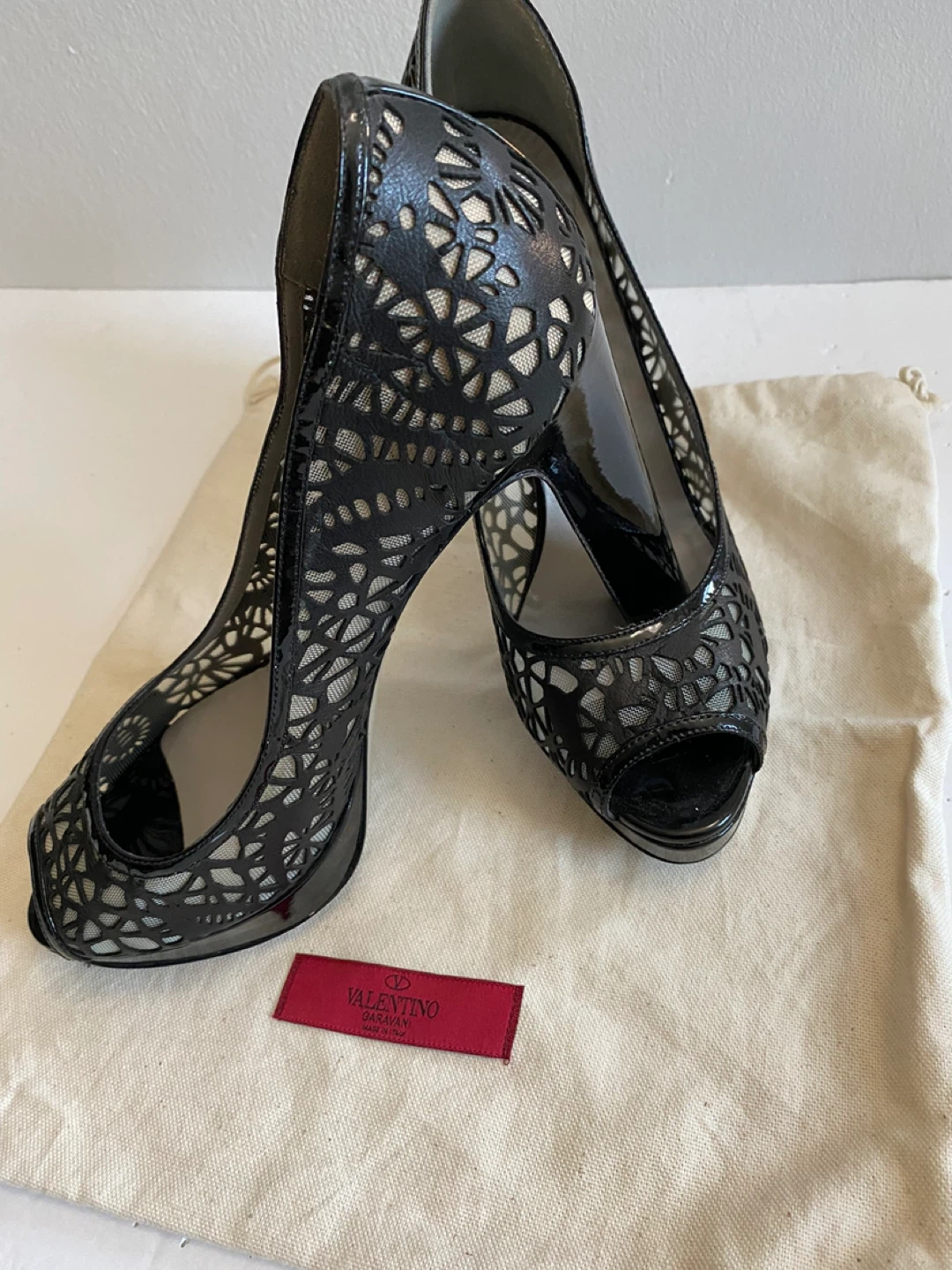Valentino Black Lace Peep-Toe Heels - Size 39 - photo 2
