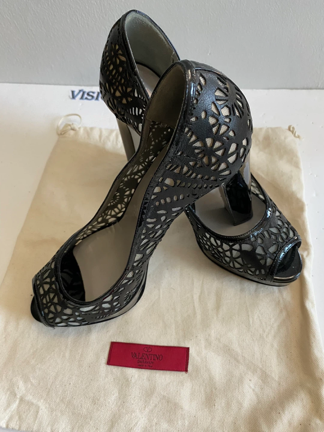 Valentino Black Lace Peep-Toe Heels - Size 39 - photo 4