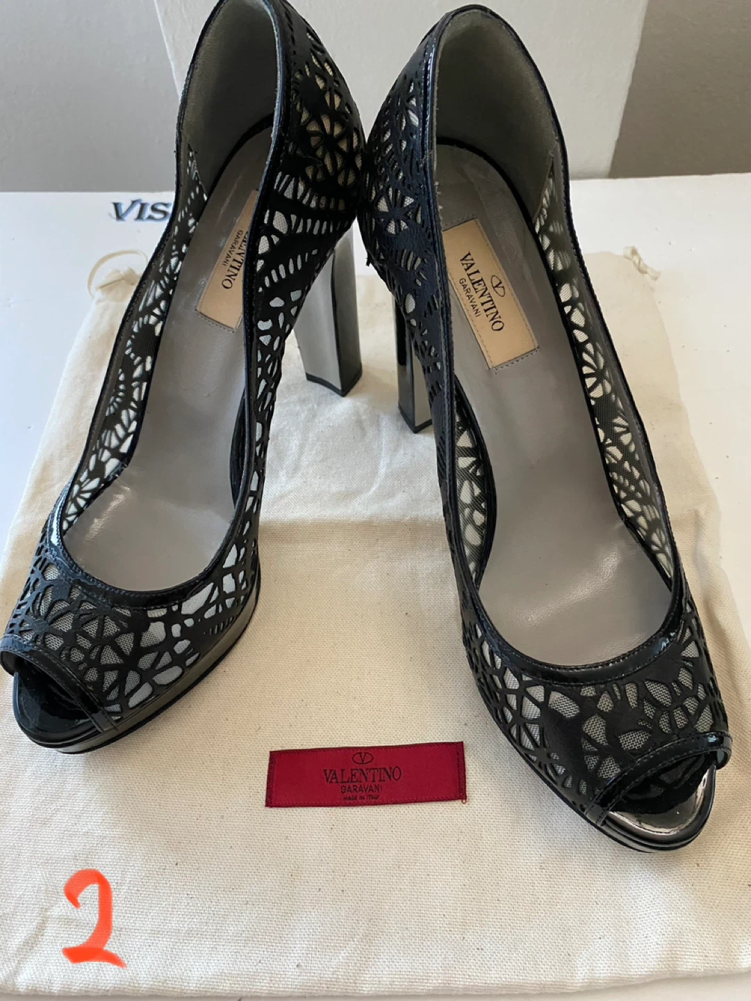 Valentino Black Lace Peep-Toe Heels - Size 39