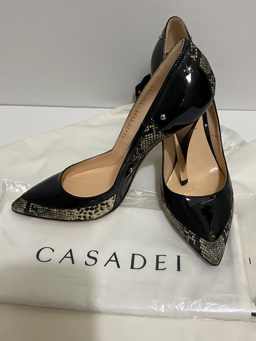 Casadei Black Patent Snake Print Heels - photo 2