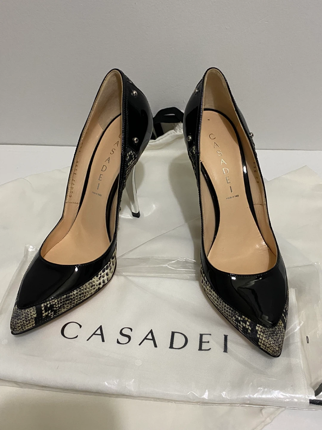 Casadei Black Patent Snake Print Heels