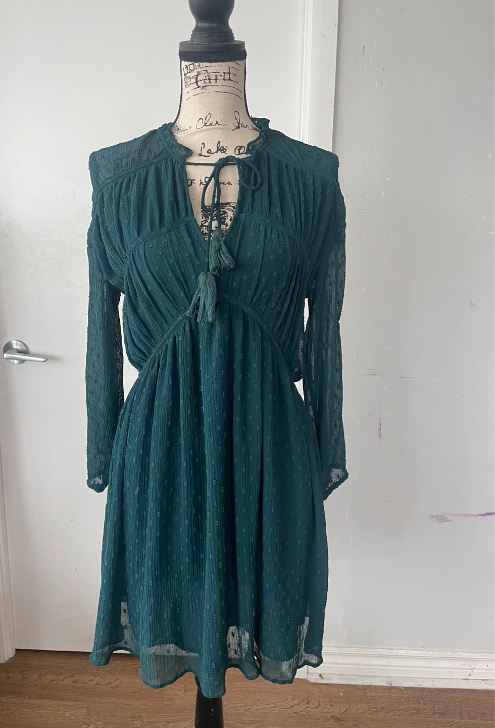 Zara green/ Teal Swiss Dot Dress with Tassel Tie