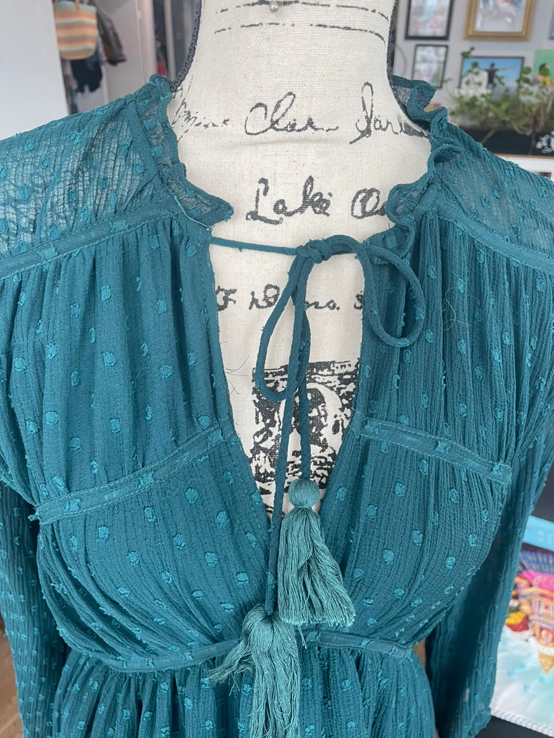 Zara green/ Teal Swiss Dot Dress with Tassel Tie - photo 3