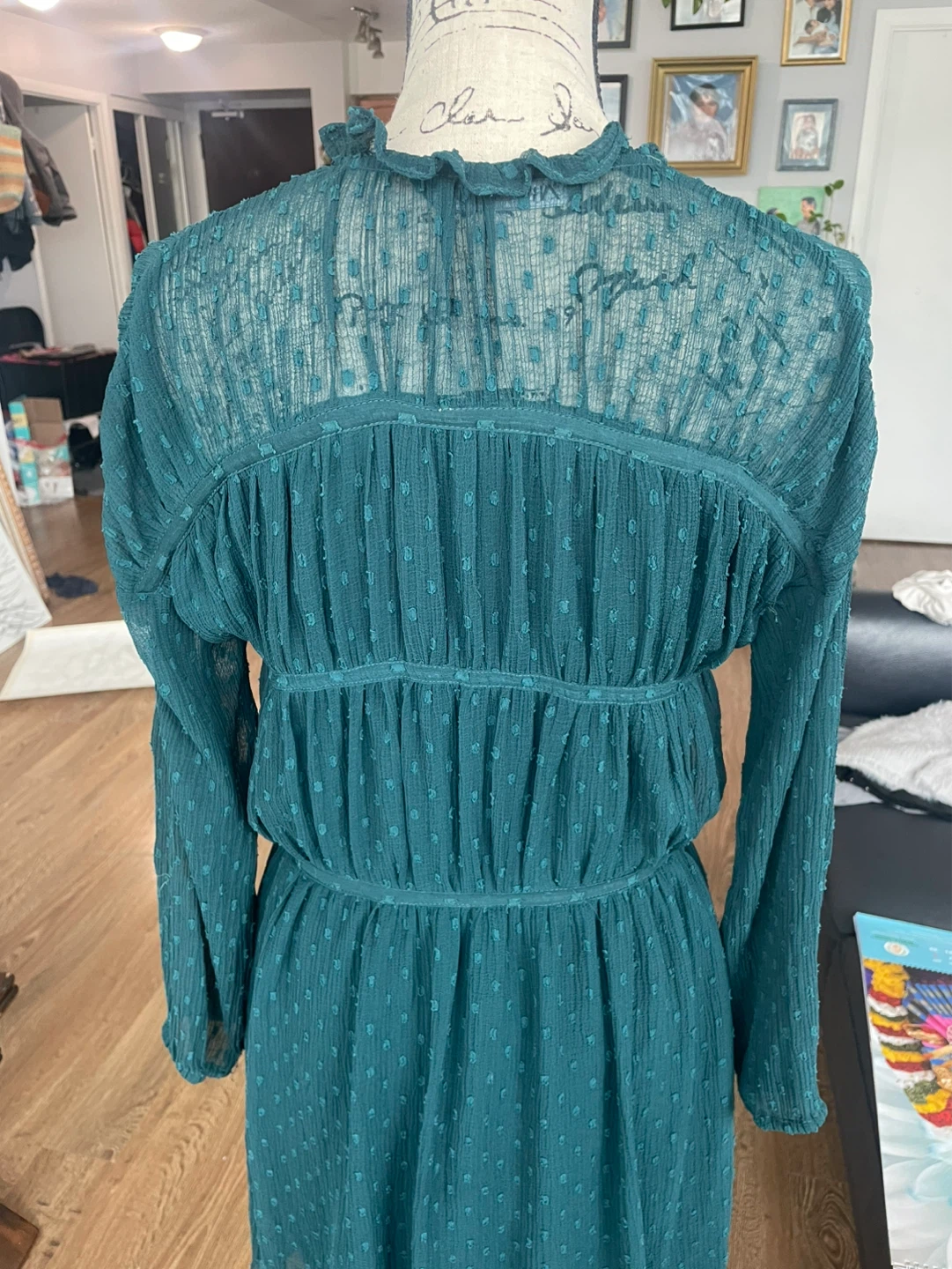 Zara green/ Teal Swiss Dot Dress with Tassel Tie - photo 4