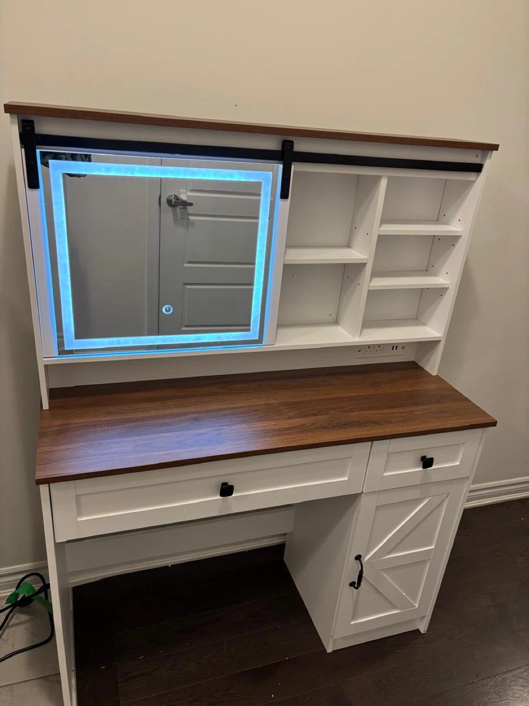 White Vanity Desk with Lighted Mirror and Storage