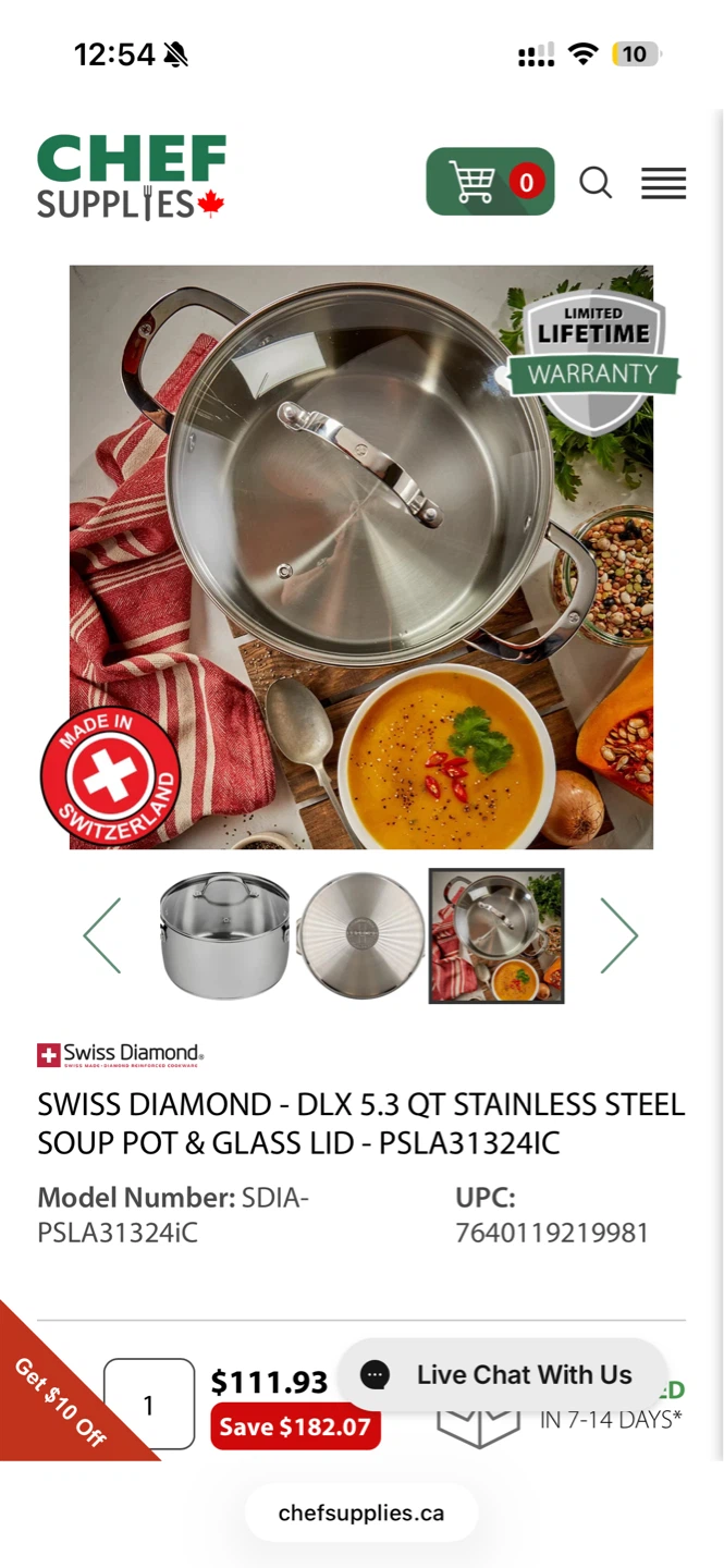 Swiss Diamond 5.3 QT Stainless Steel Soup Pot & Glass Lid