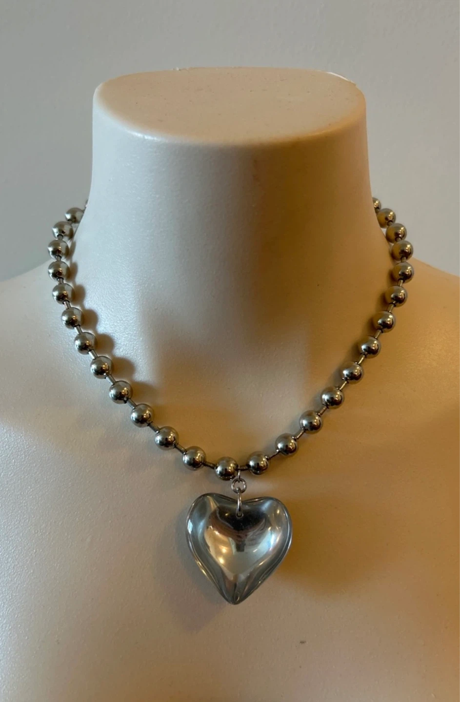 Silver Heart Charm Chunky Ball Chain Necklace