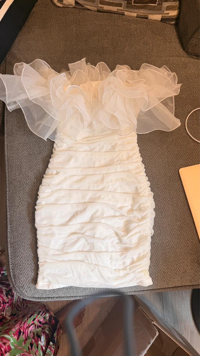 White Ruffle Strapless Bodycon Dress