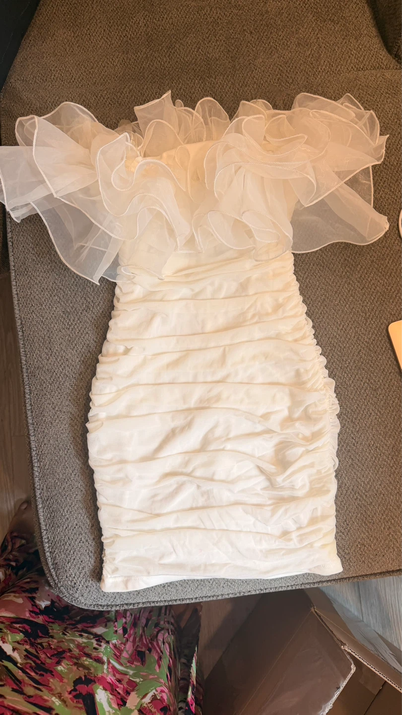 White Ruffle Strapless Bodycon Dress - photo 2