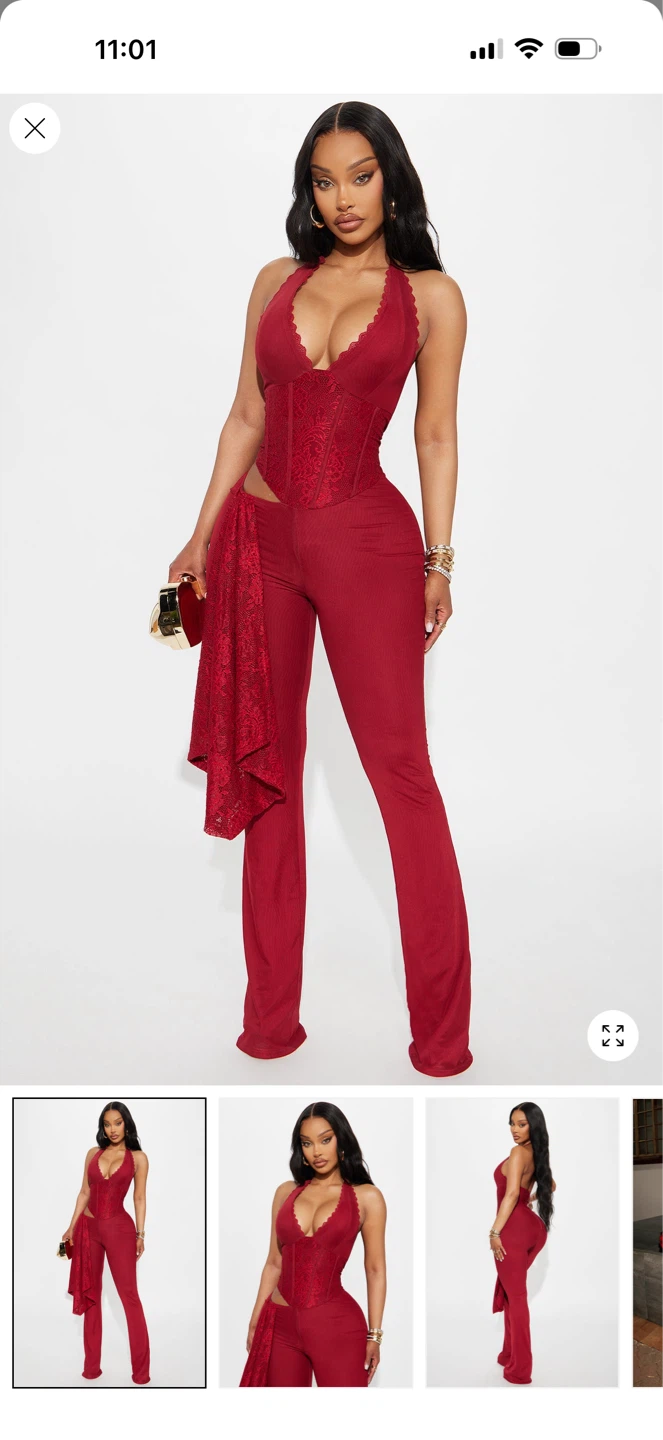 Fashion Nova Melrose Mesh Halter Corset Jumpsuit Burgundy Size M