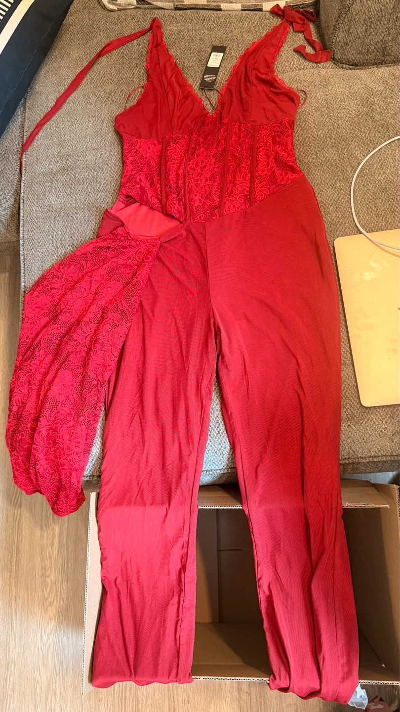 Fashion Nova Melrose Mesh Halter Corset Jumpsuit Burgundy Size M - photo 2