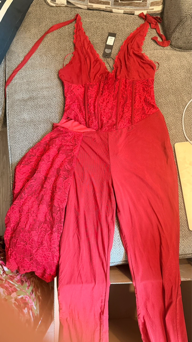 Fashion Nova Melrose Mesh Halter Corset Jumpsuit Burgundy Size M - photo 3