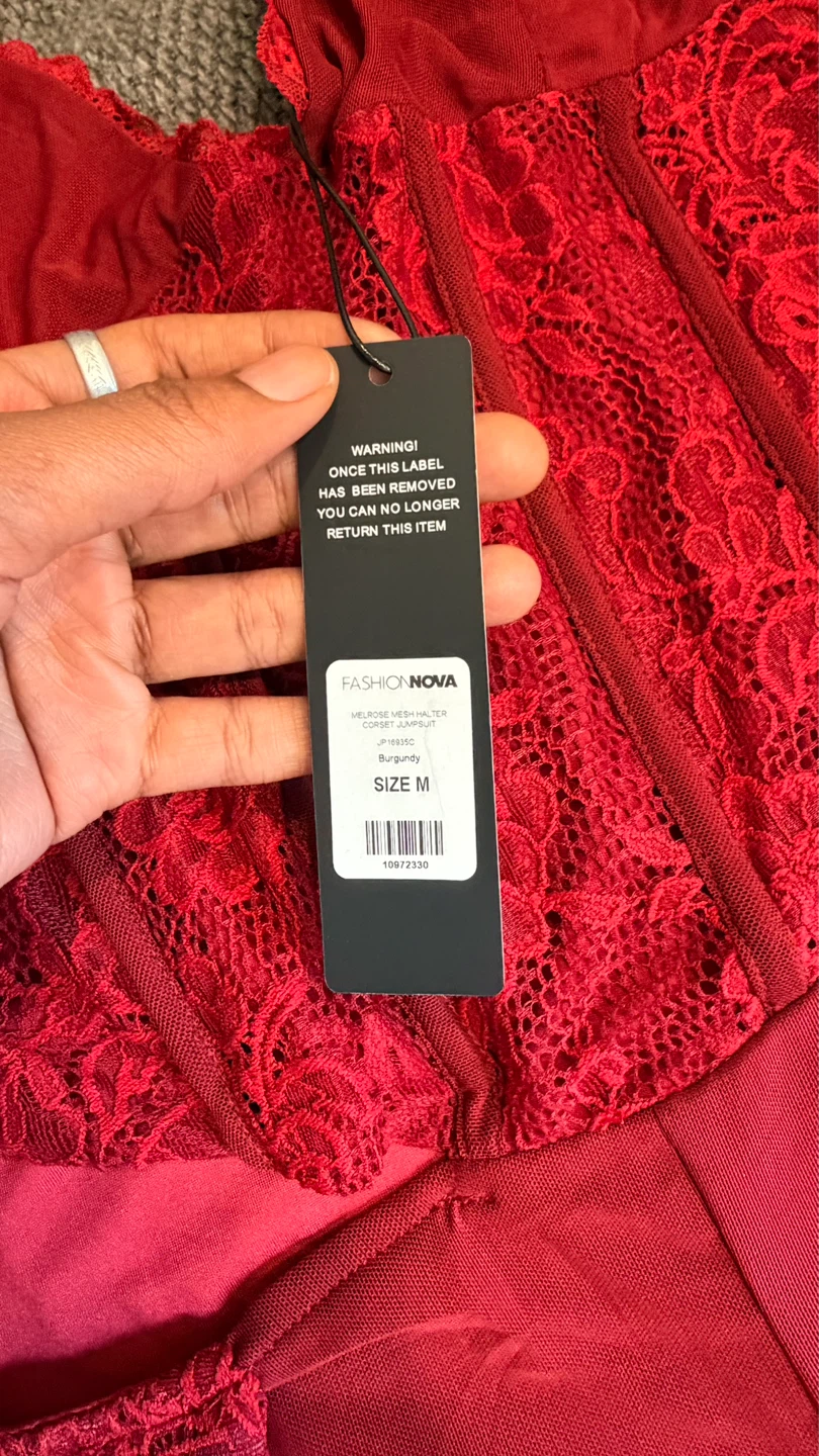 Fashion Nova Melrose Mesh Halter Corset Jumpsuit Burgundy Size M - photo 4