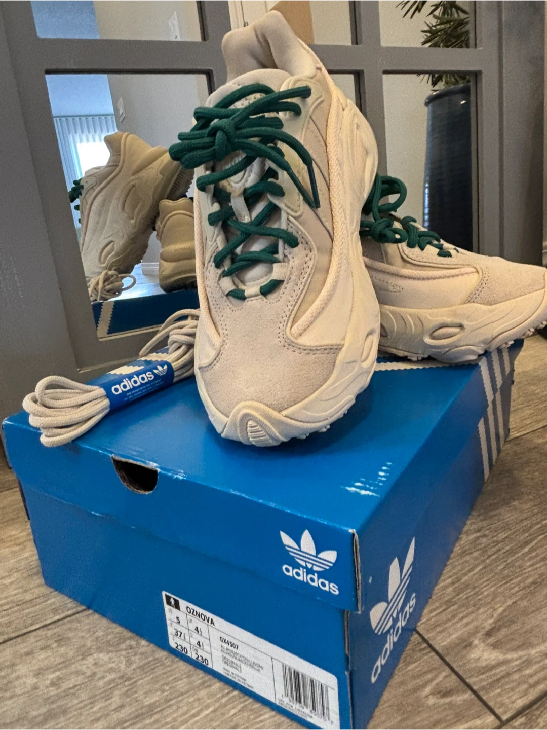 Brand New Adidas Oznoua Sneakers Beige with Green Laces - photo 5