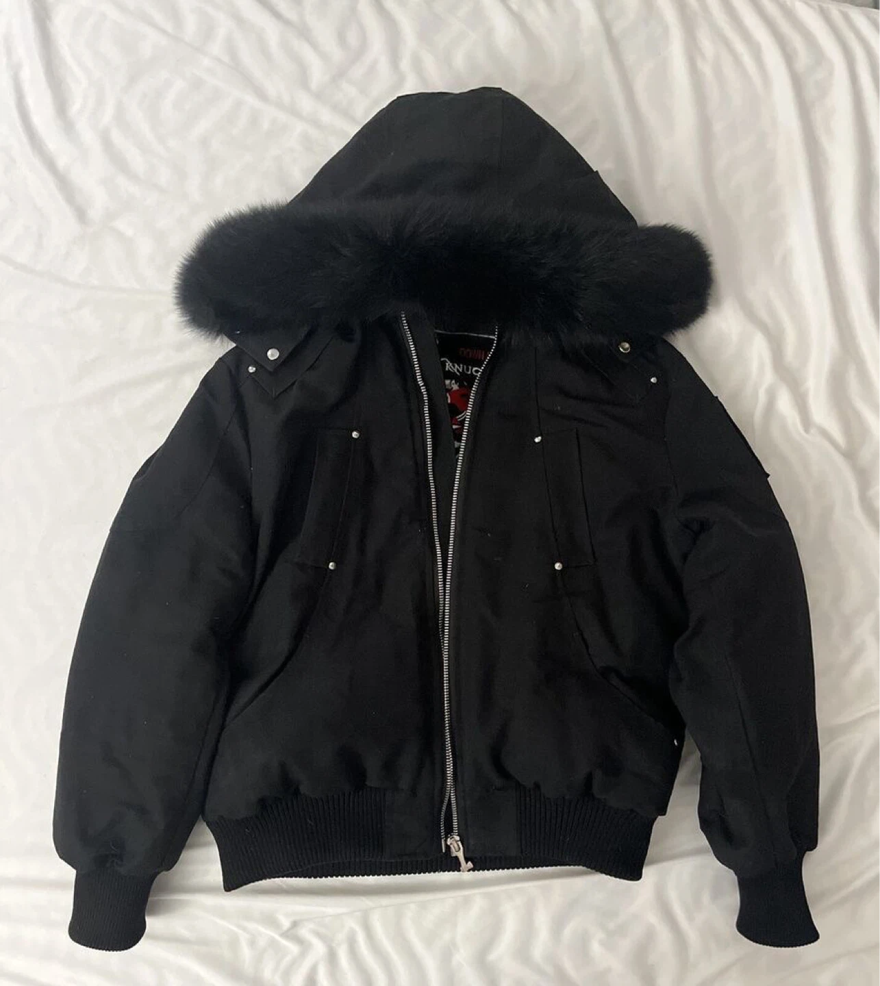Moose Knuckles Black Bomber Jacket with Fur Hood