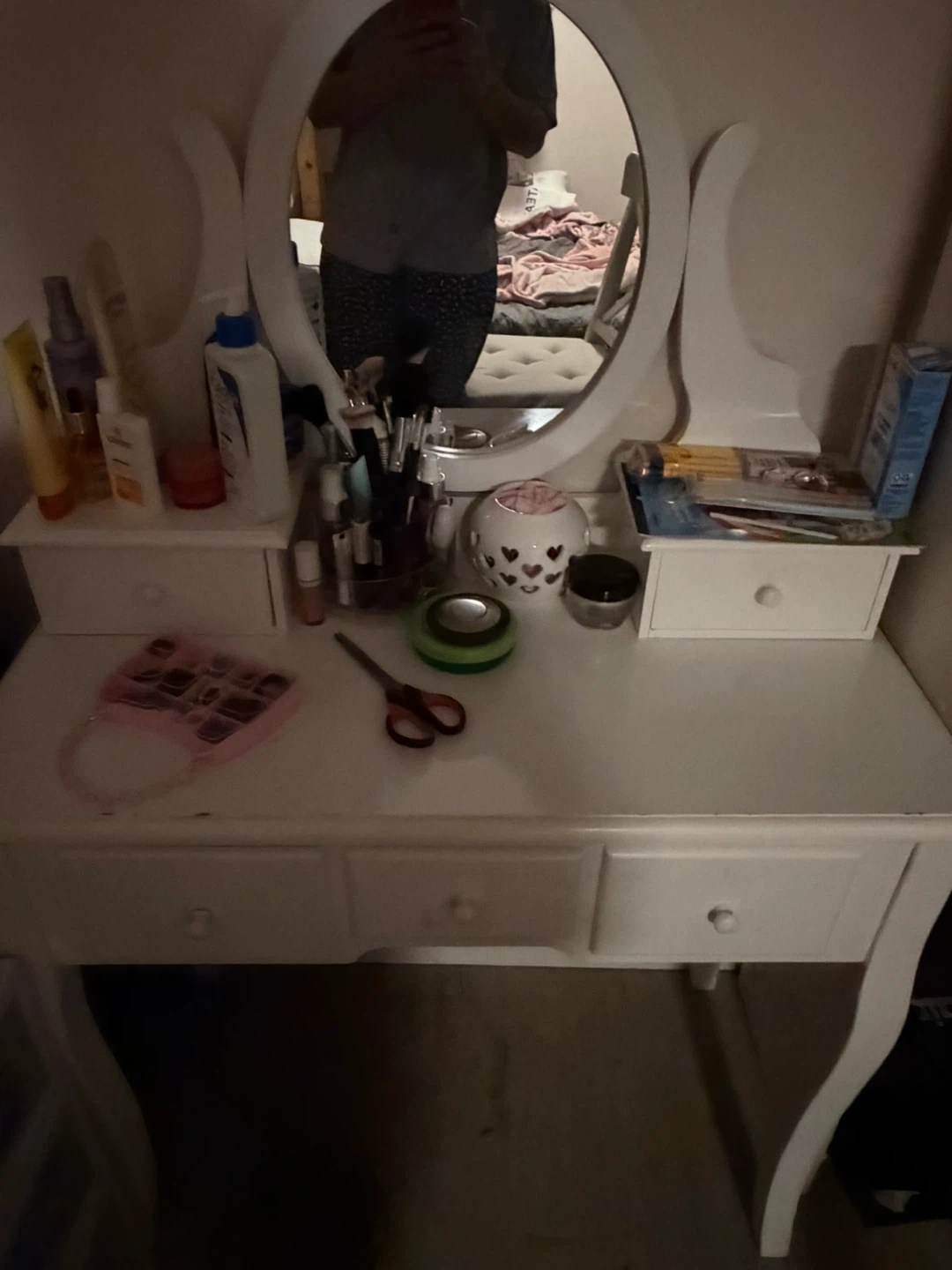 White Vanity Table with Mirror and Stool