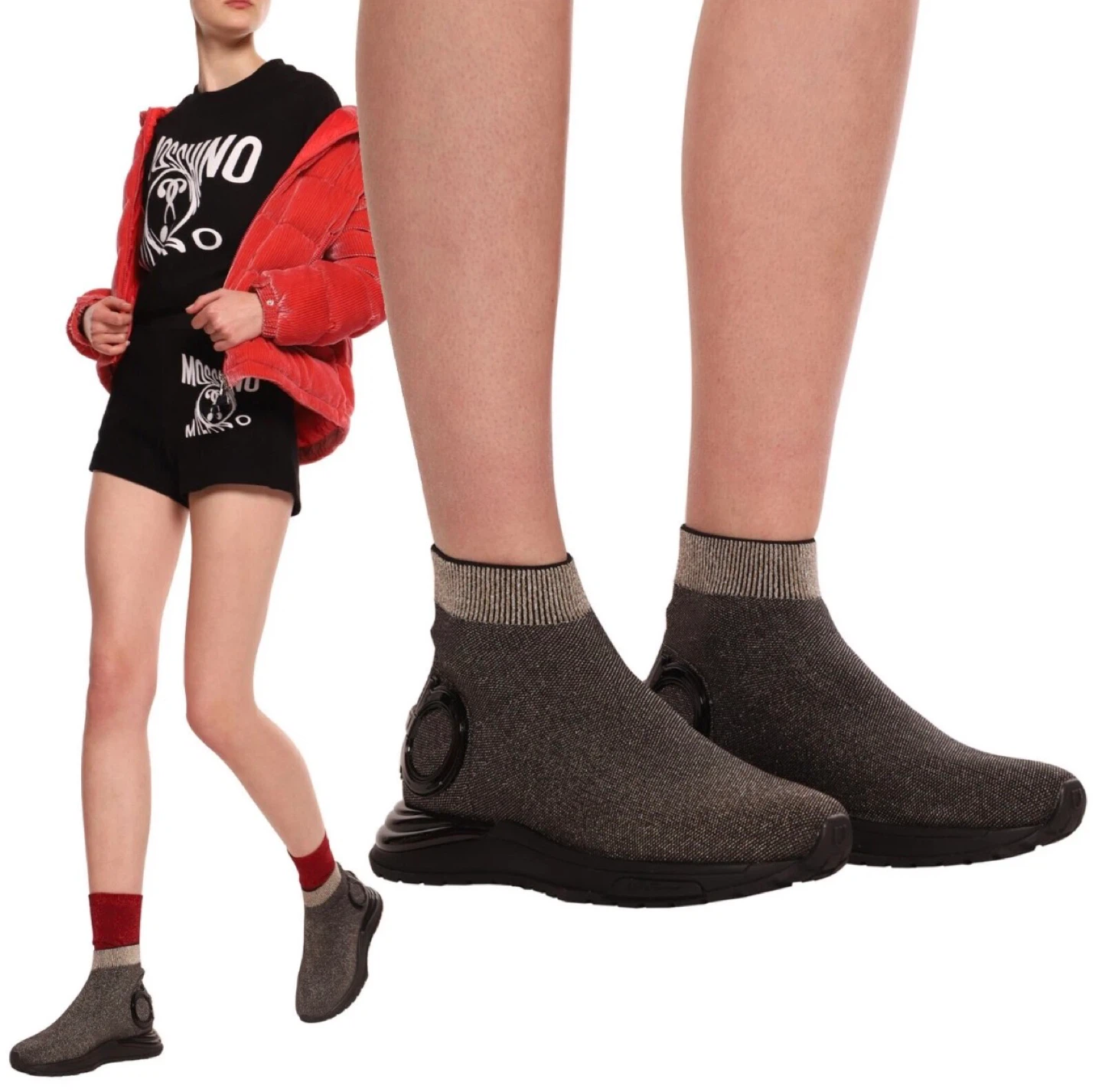 🌱  $795 7.5 C FERRAGAMO Gardena BLK Metallic Sock Sneakers LOGO