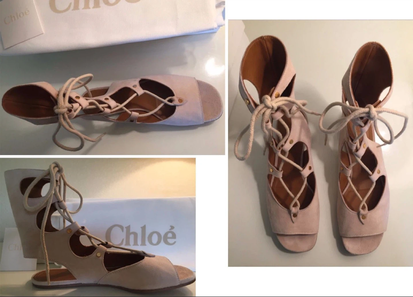 🌱 $995 Chloe 7.5 Lettonia Lace-Up Suede Gladiator Sandals 37.5 - photo 4