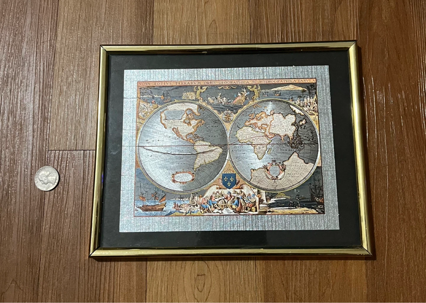 Framed Antique World Map Metallic Print