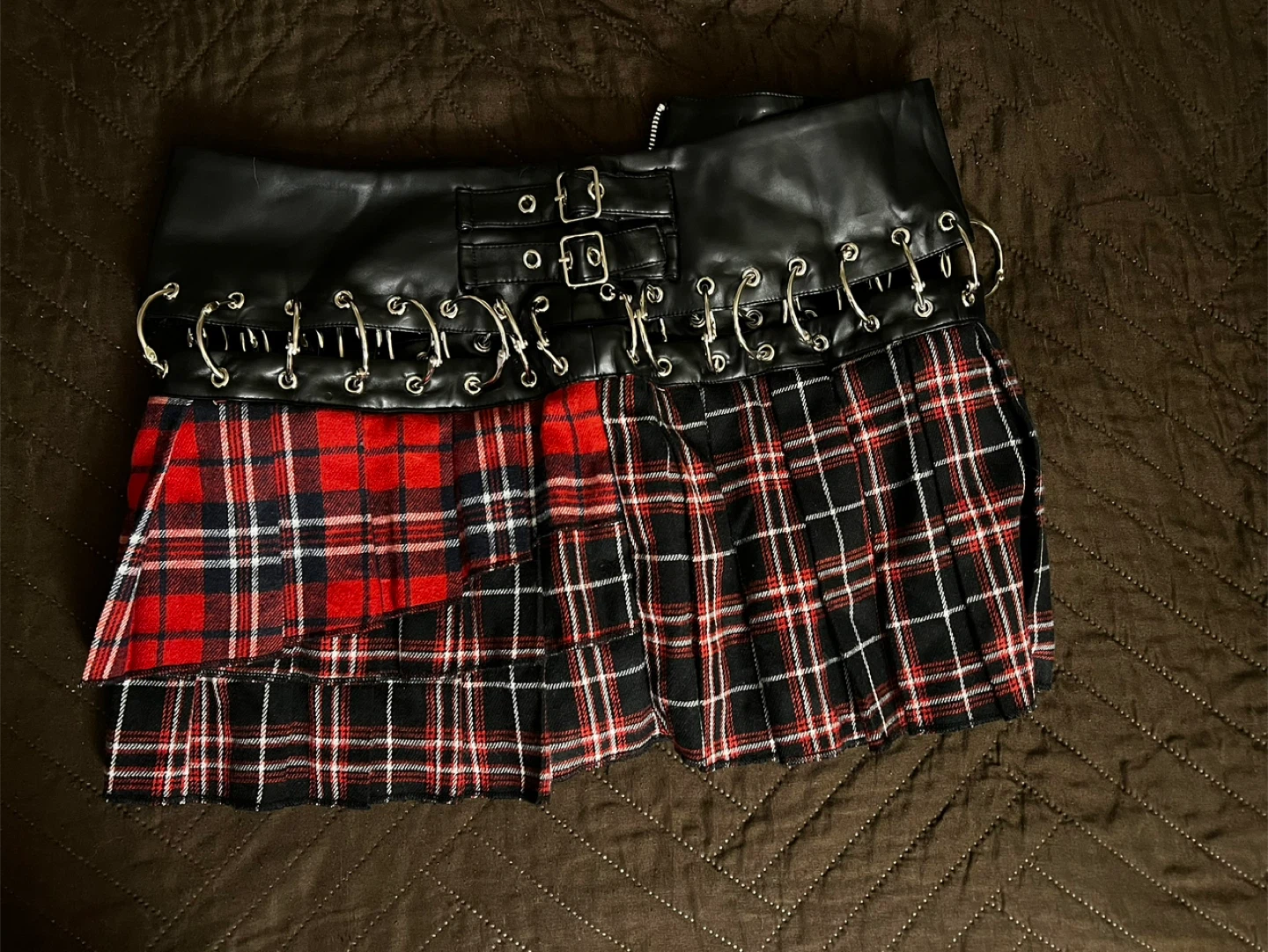Black and Red Plaid Skirt with Faux Leather Waistband - photo 2