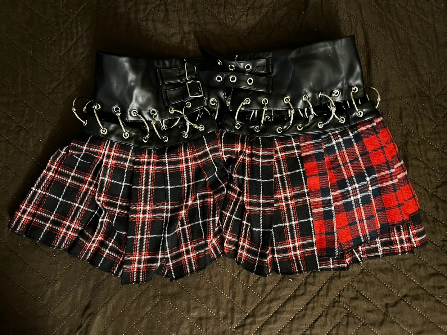 Black and Red Plaid Skirt with Faux Leather Waistband - photo 3