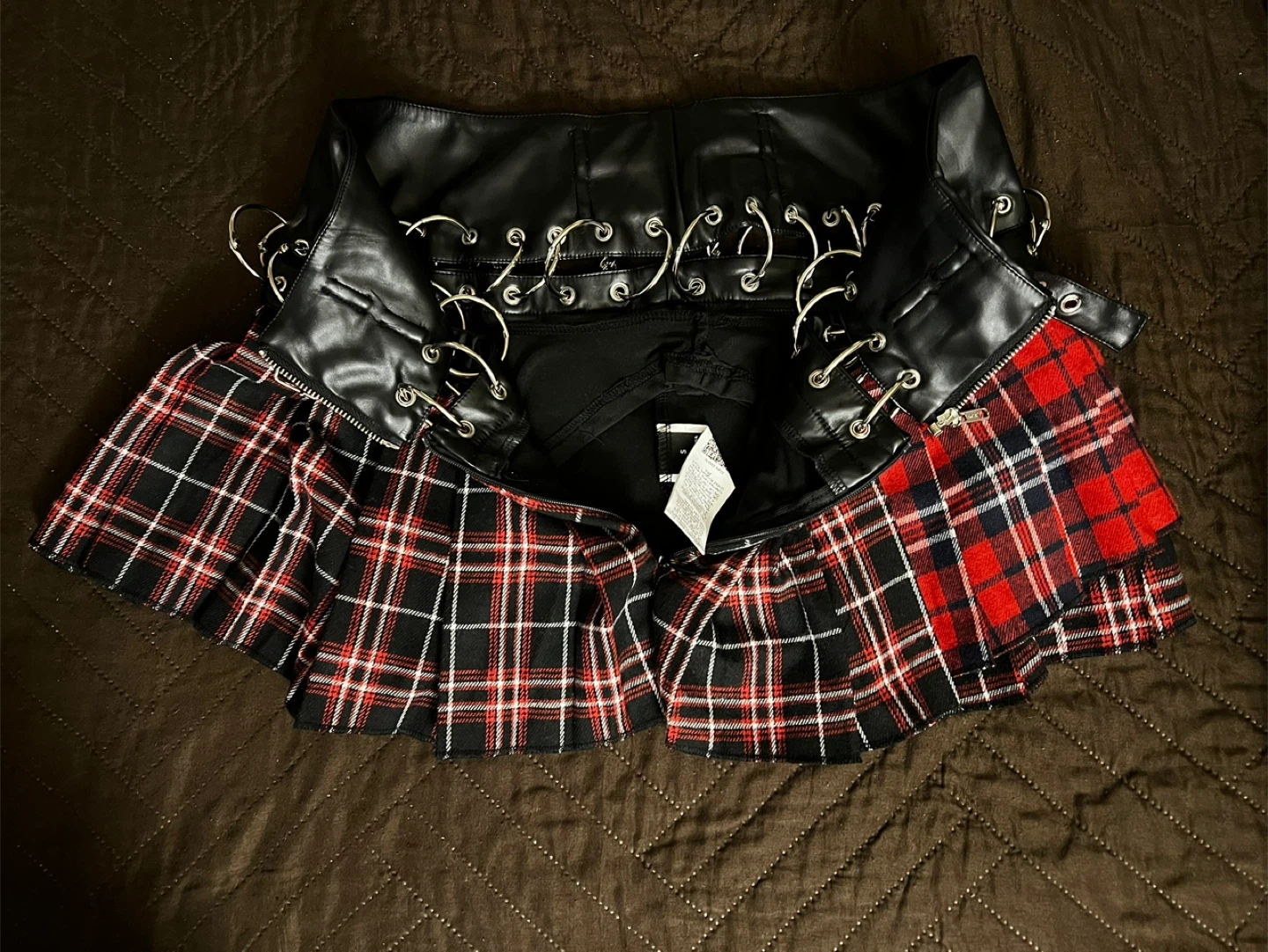 Black and Red Plaid Skirt with Faux Leather Waistband - photo 4
