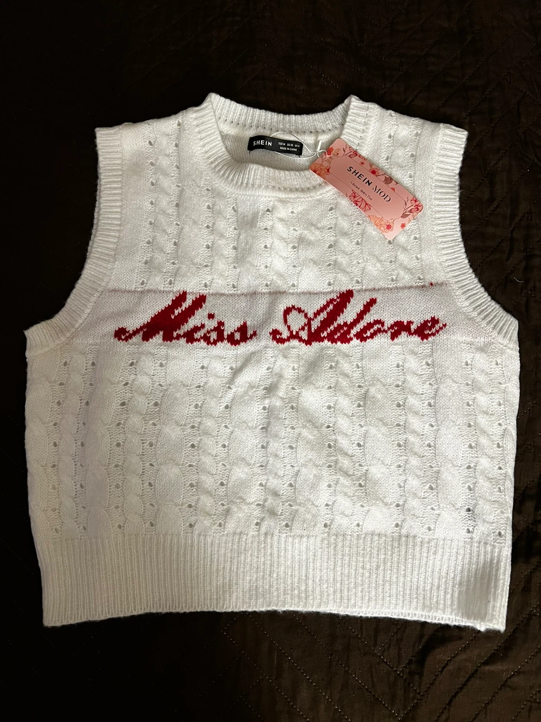 SHEIN MOD White Cable Knit Sweater Vest "Miss Adore" Size M - photo 2