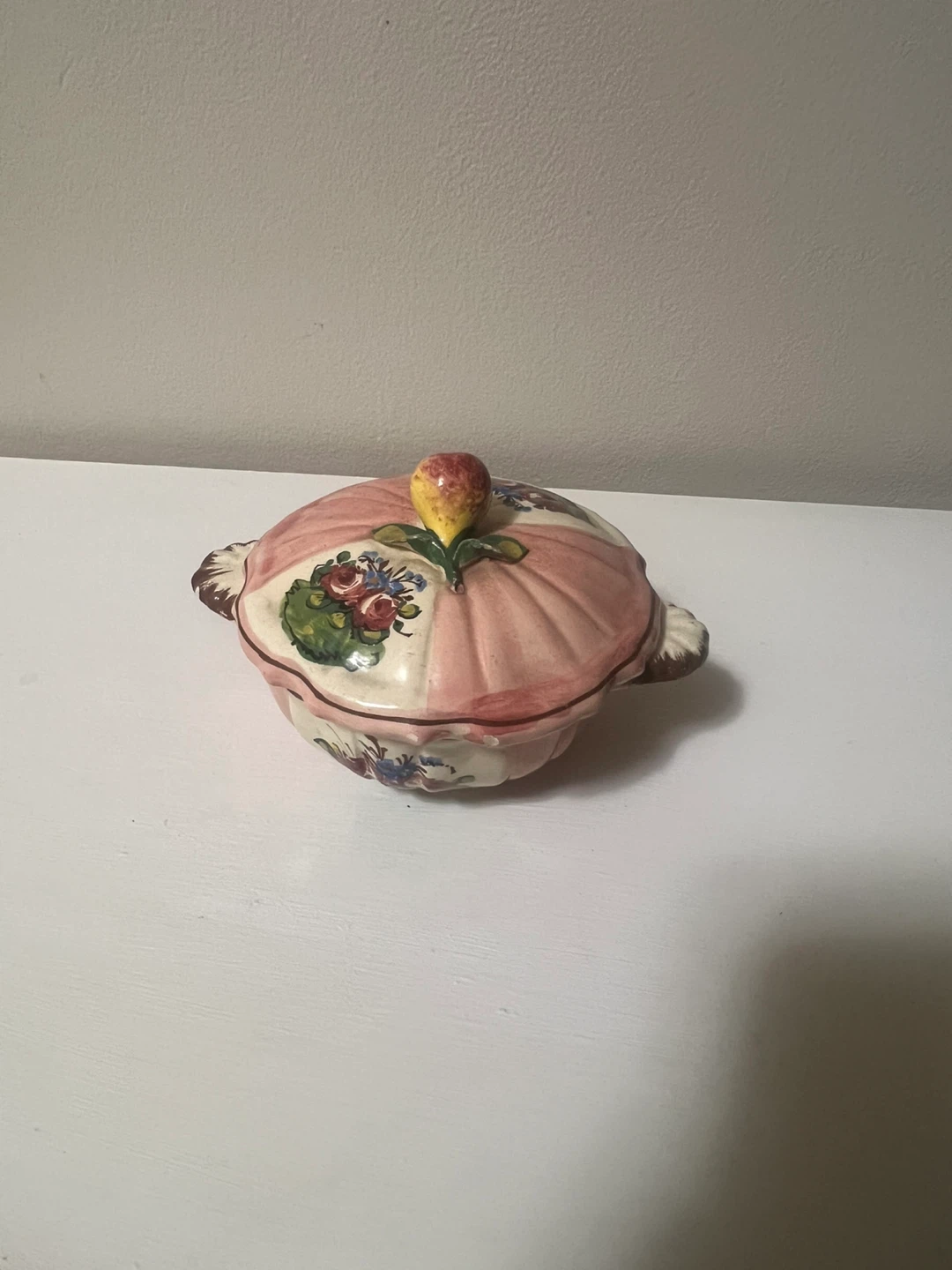 Hand-Painted Italian Ceramic Covered Dish with Fruit Knob