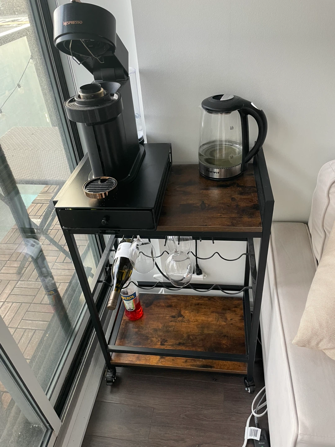 Rolling Bar Cart with Wine Glass Rack and Bottle Holder
