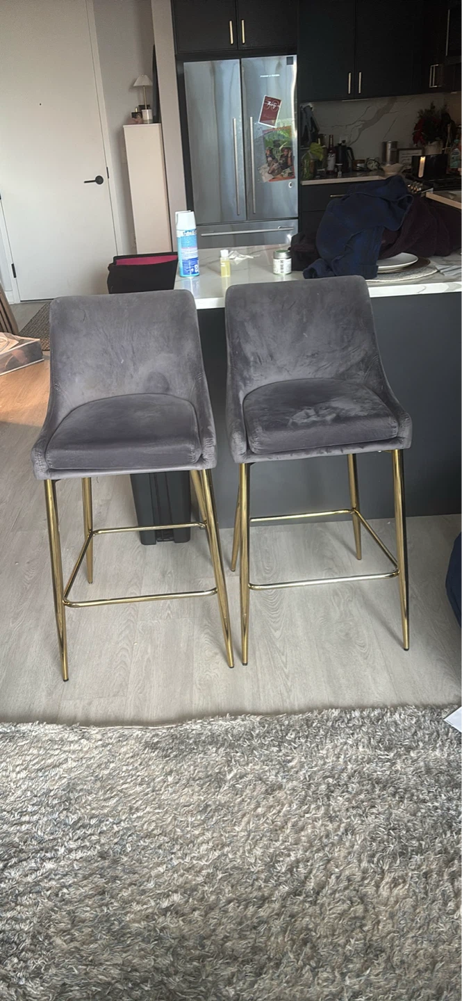 Set of 2 Gray Velvet Bar Stools with Gold Legs