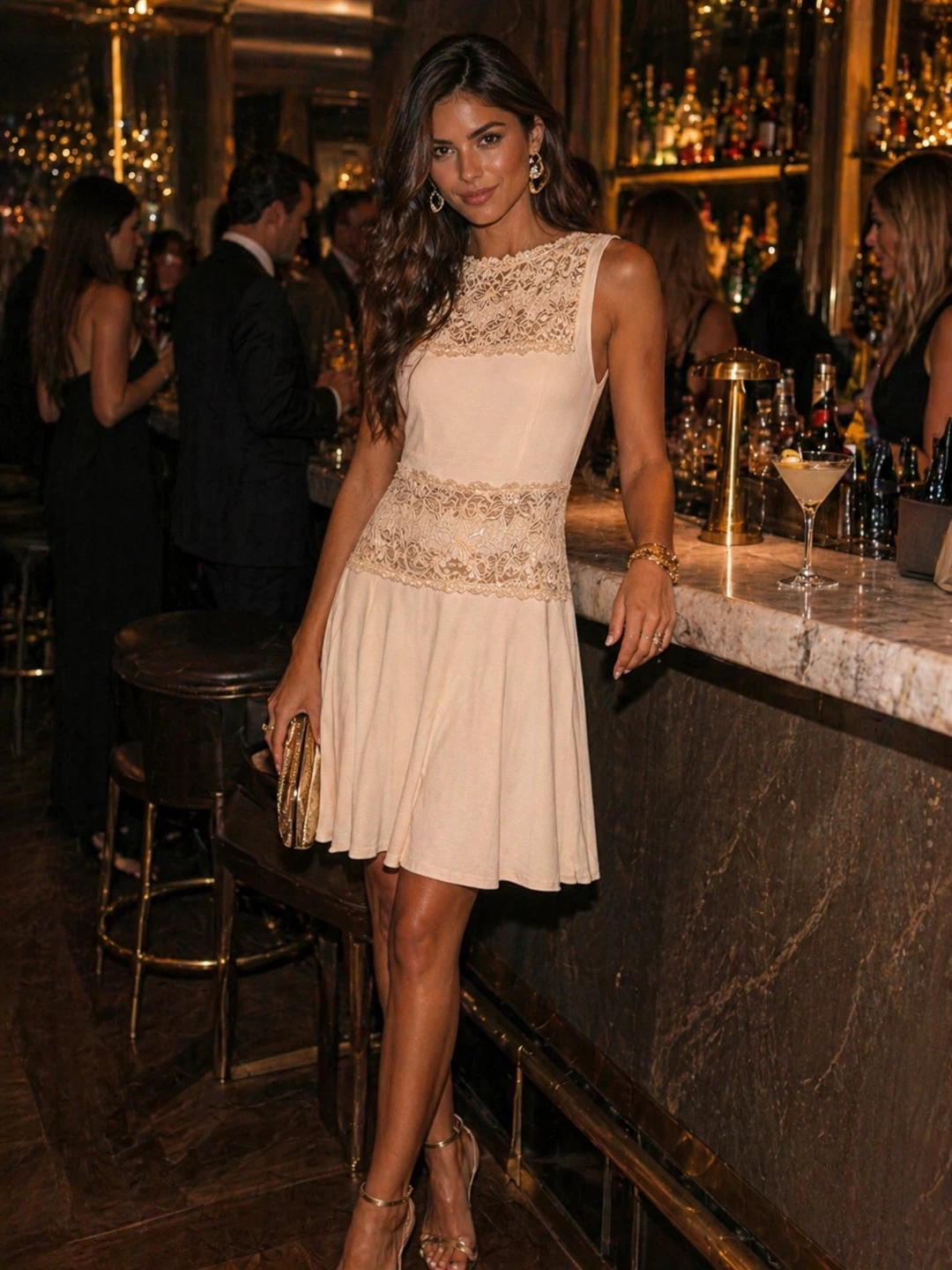 Bebe Lace Trimmed Fit and Flare Dress