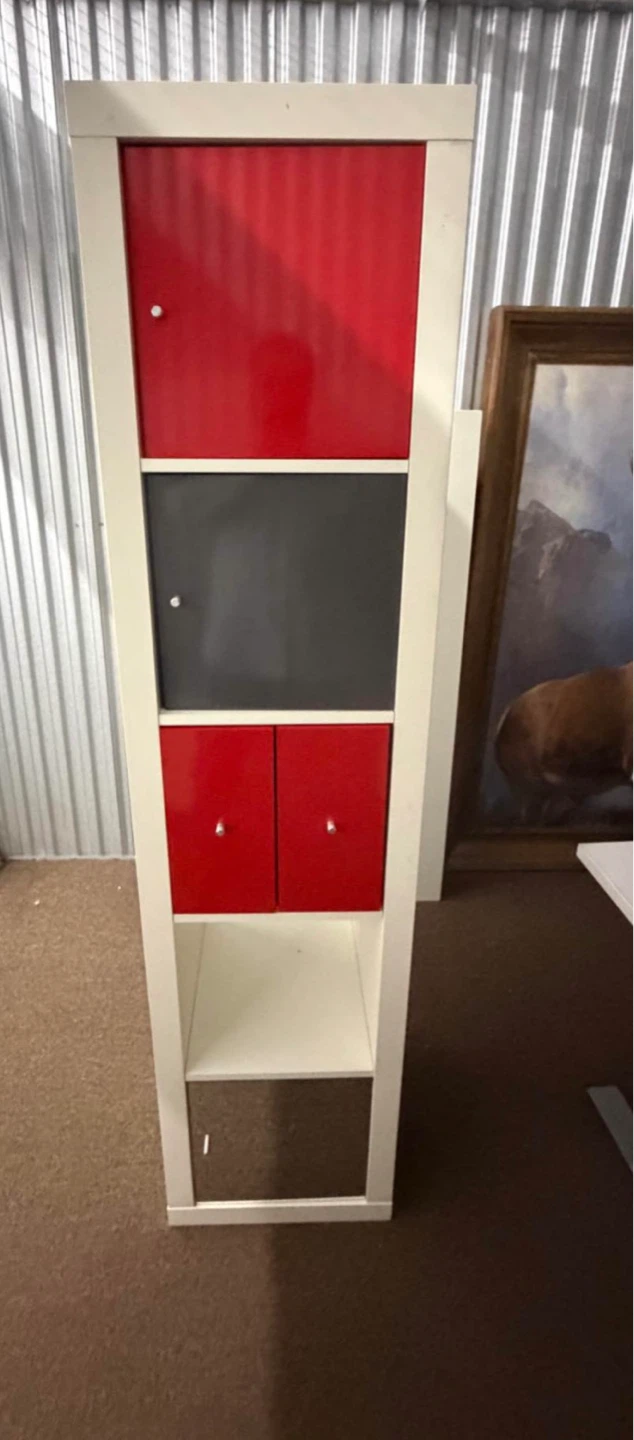 Tall Storage Shelf Unit with Red and Black Doors or TV Stand