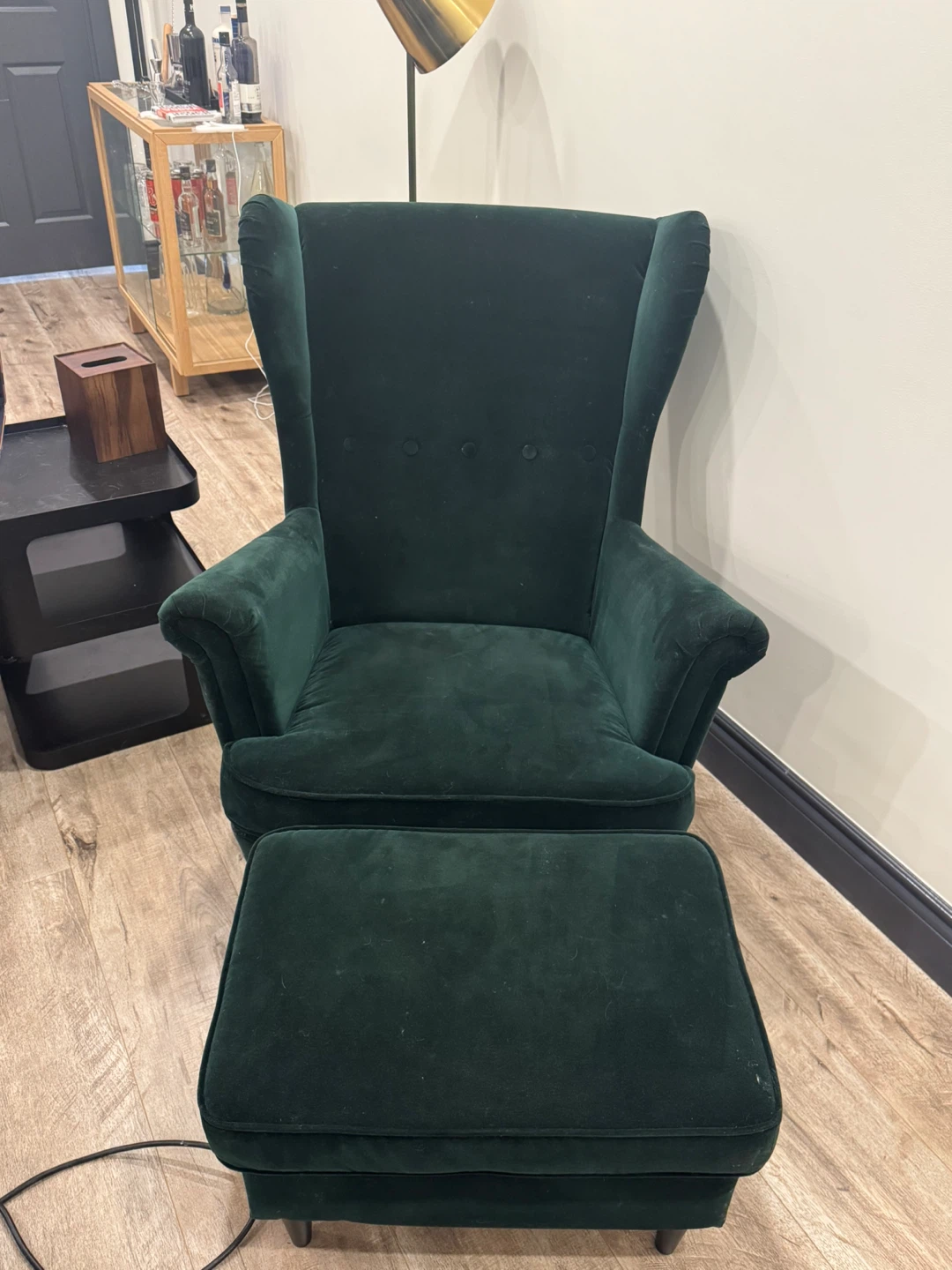 IKEA Dark Green Velvet STRANDMON Chair with Matching Ottoman