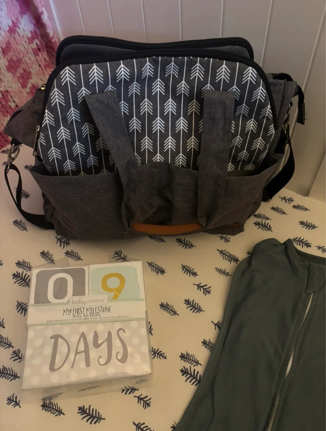 Diaper Bag with Swaddles,Huggies Diapers, Milestone Blocks