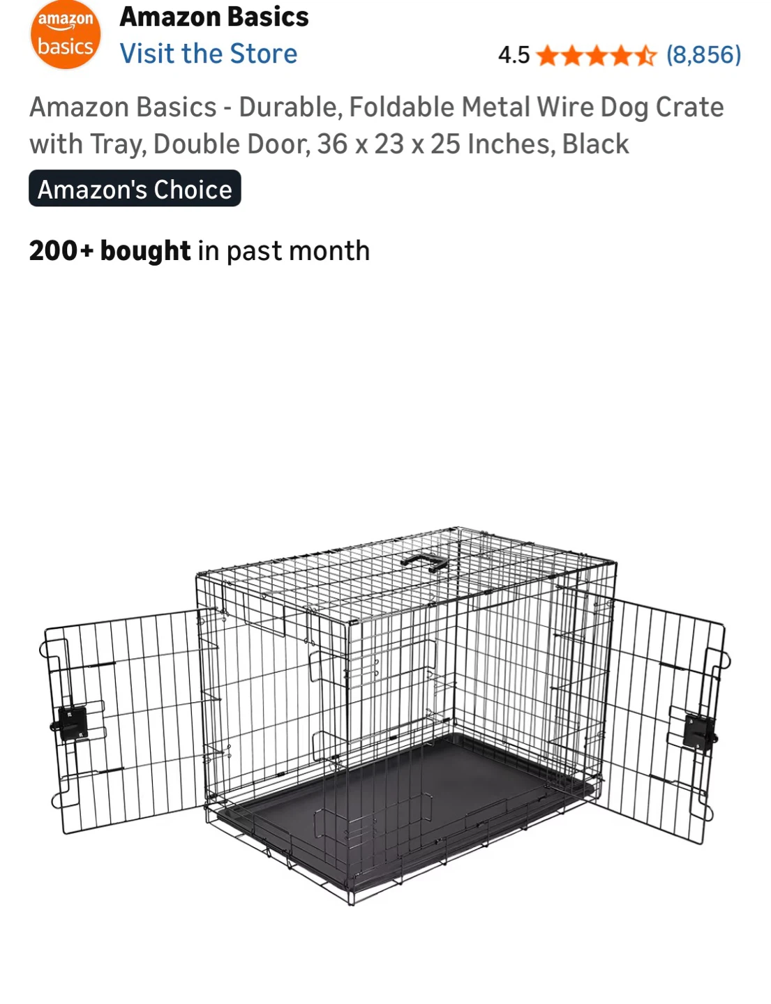 Amazon Basics Foldable Metal Dog Crate with Tray - 36 inch Black