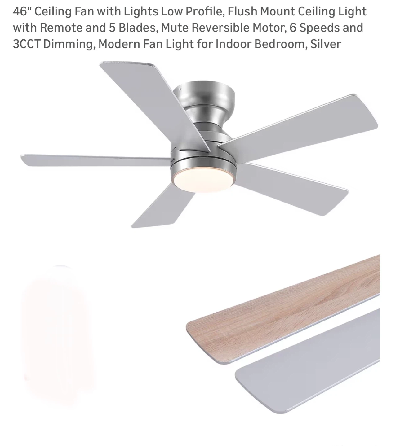 46" Ceiling Fan with Lights, Remote, 5 Blades, Silver