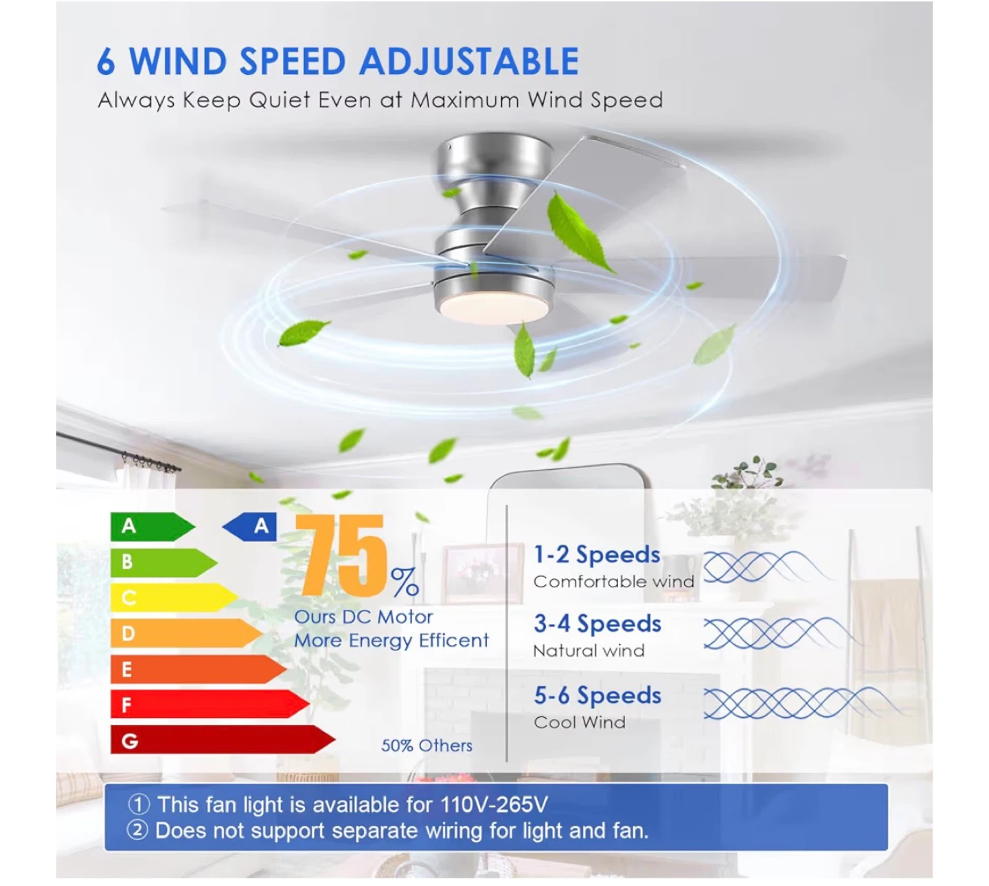 46" Ceiling Fan with Lights, Remote, 5 Blades, Silver - photo 2