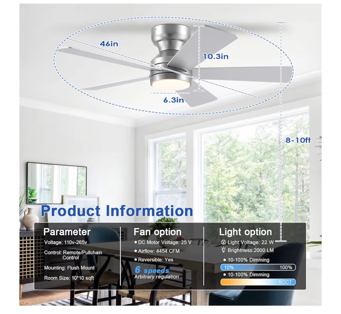 46" Ceiling Fan with Lights, Remote, 5 Blades, Silver - photo 3