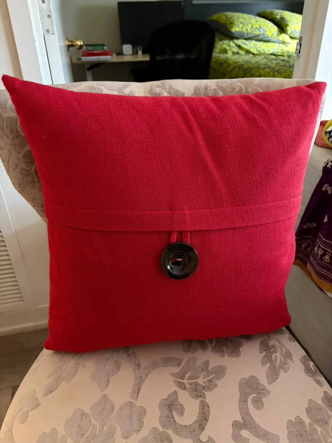Red Square Throw Pillow with Button Accent