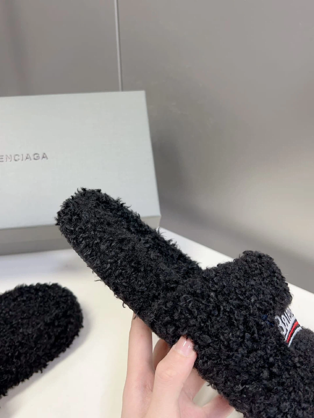 Balenciaga Black Fuzzy Slippers with Logo - photo 2