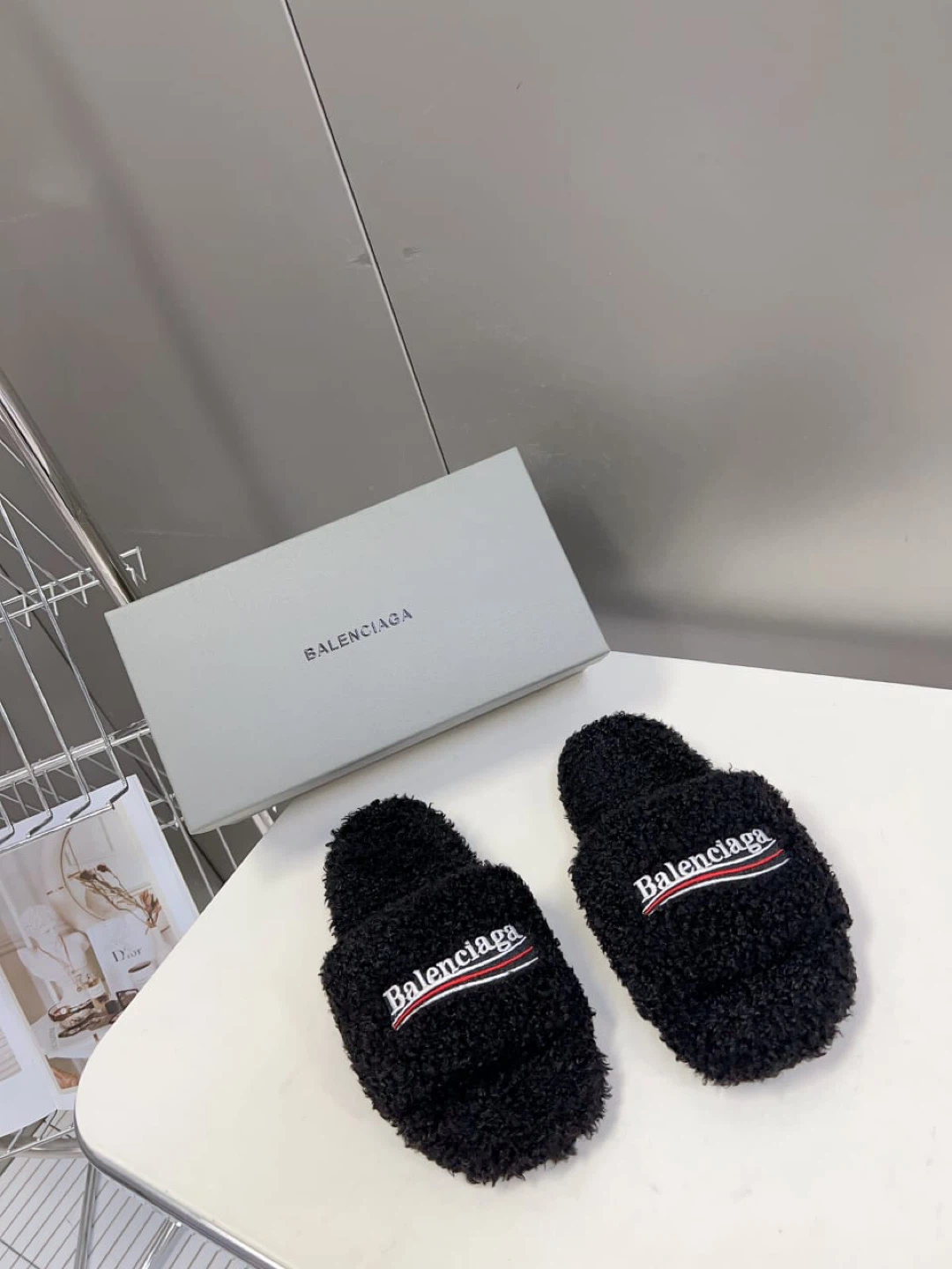 Balenciaga Black Fuzzy Slippers with Logo