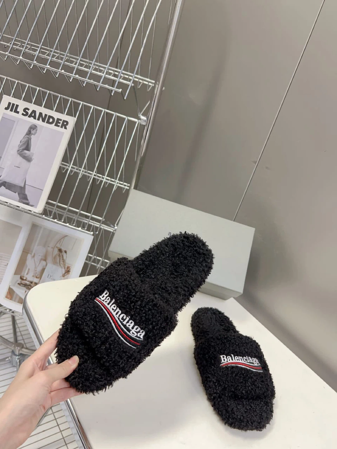 Balenciaga Black Fuzzy Slippers with Logo - photo 3