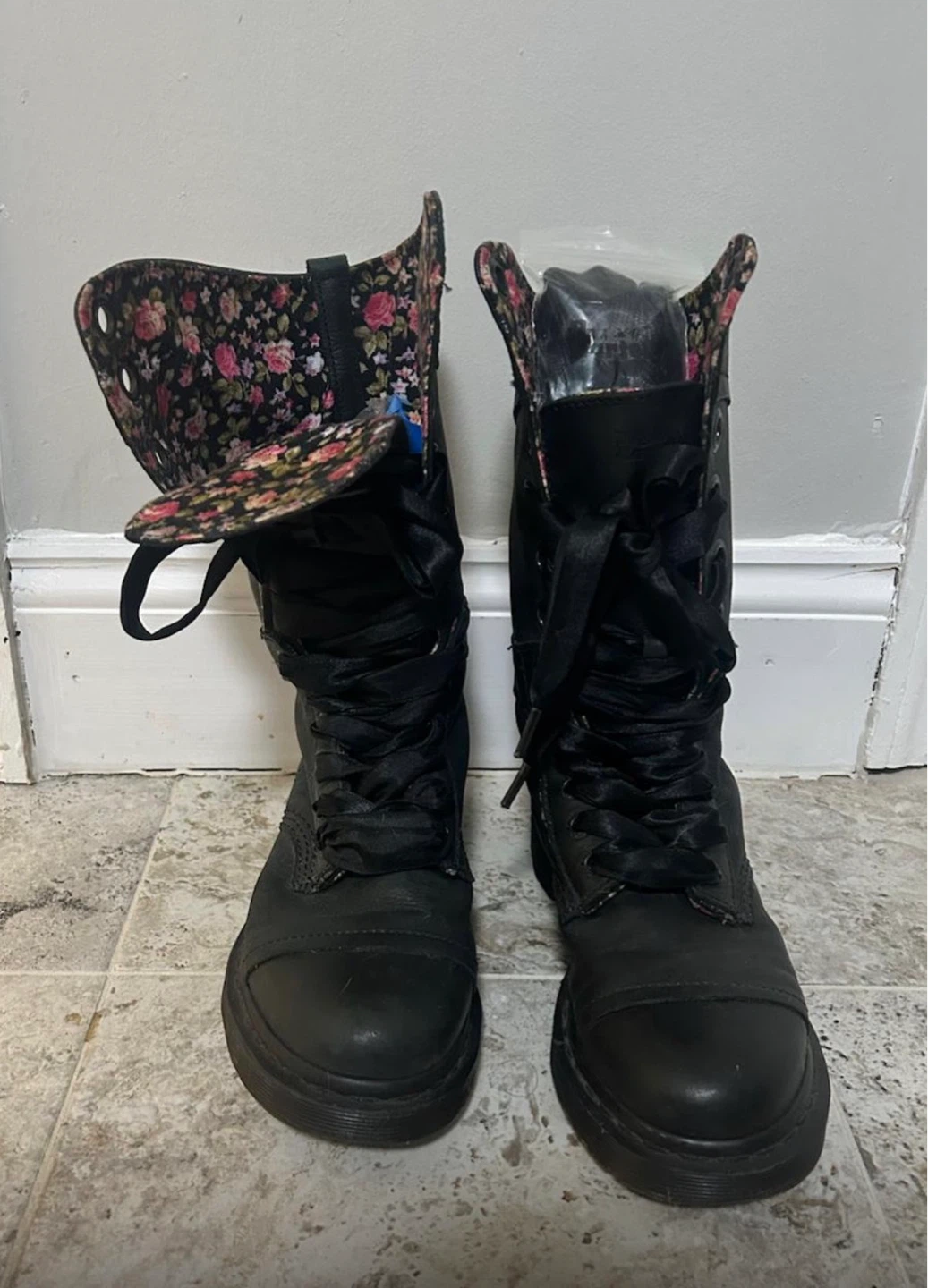Dr. Martens Black Floral Lined Combat Boots