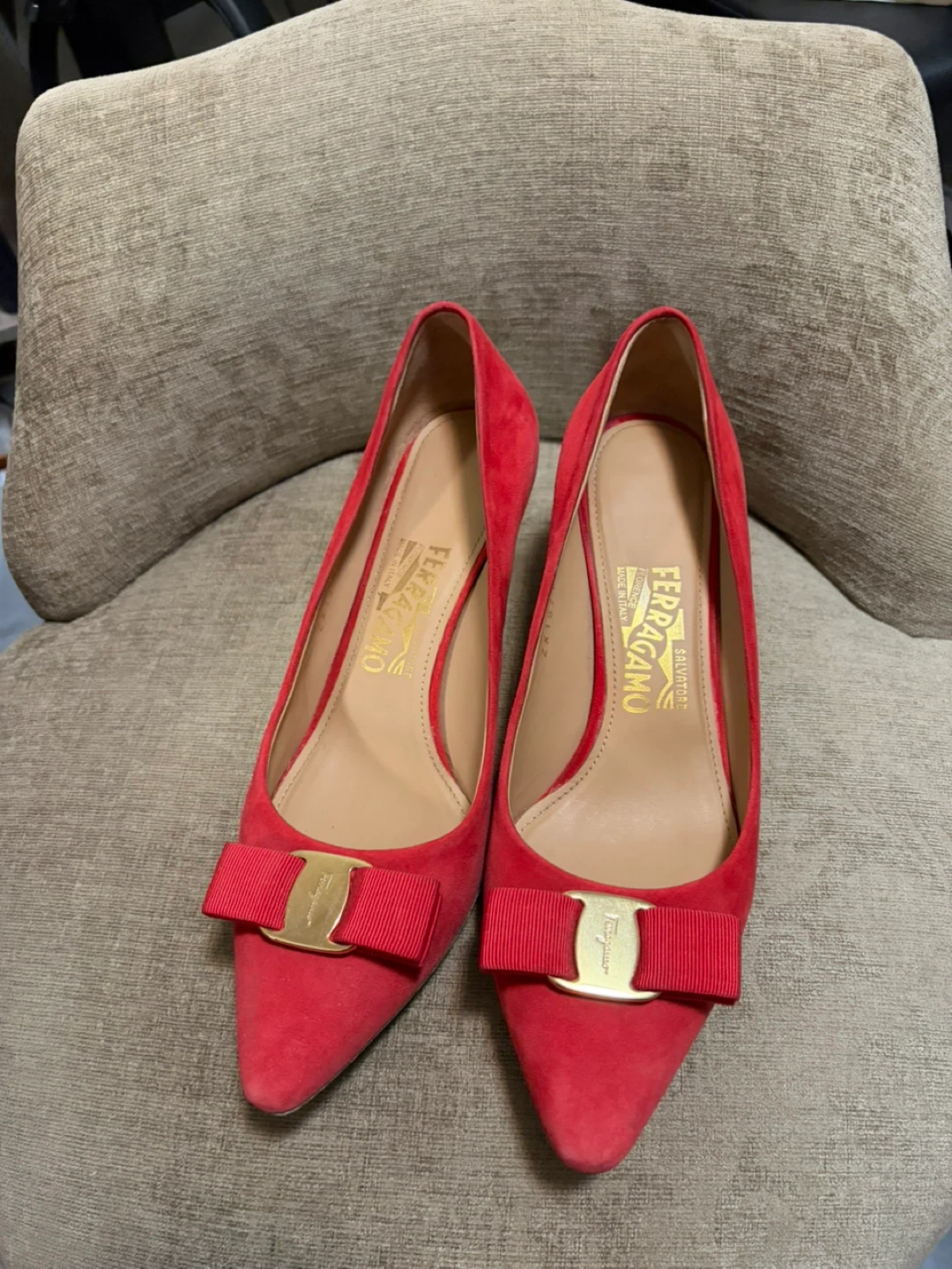 Salvatore Ferragamo Red Suede Vara Bow Pumps