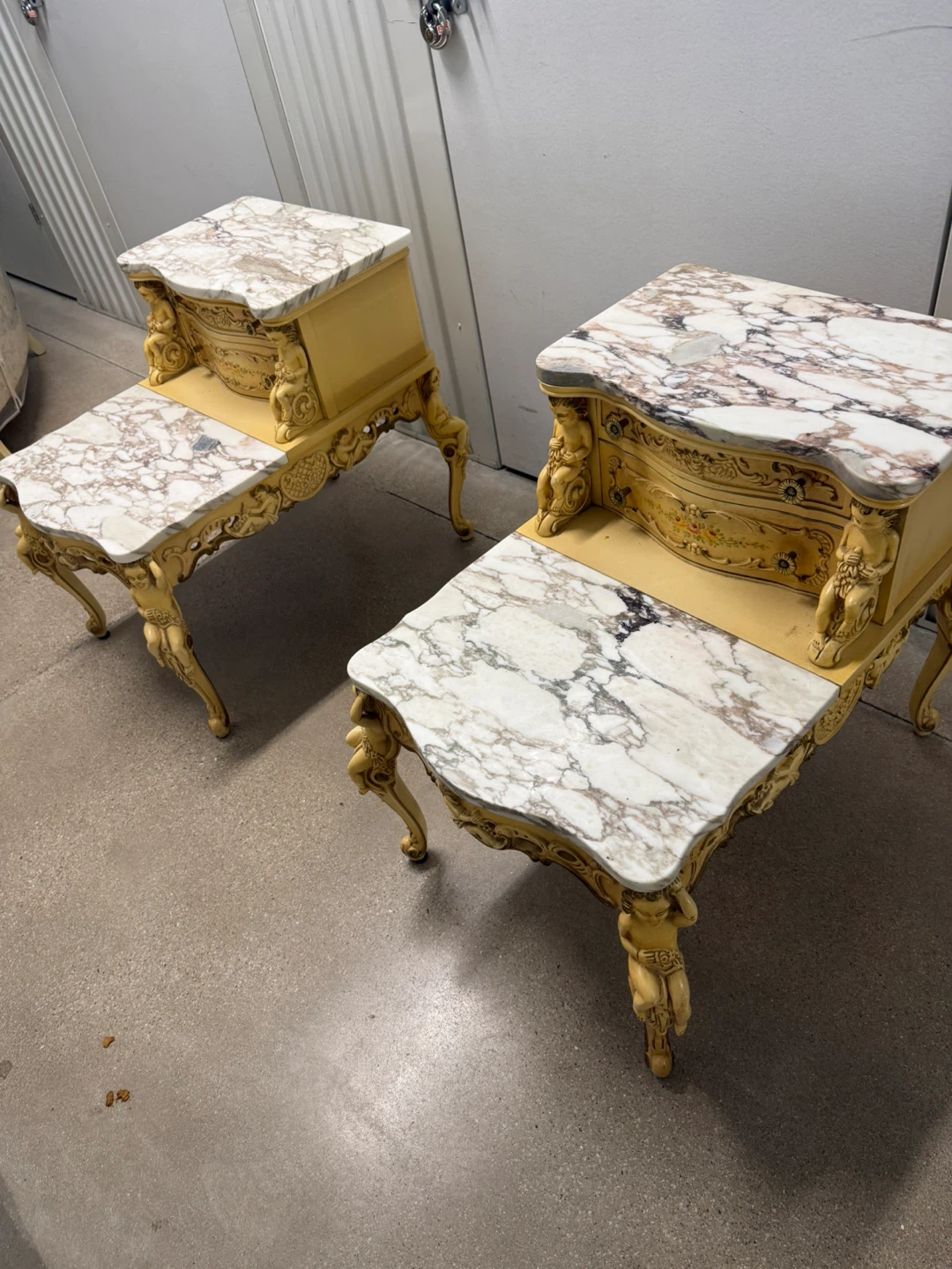 Vintage Cherub Carved Side Table with Marble Top - Pair