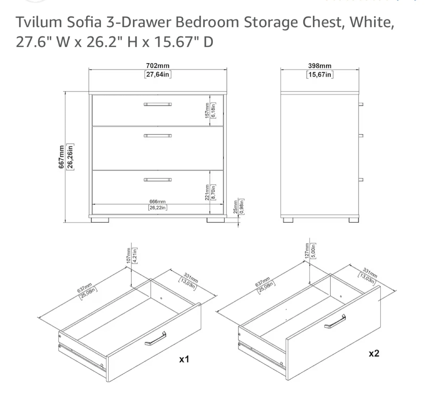 3-Drawer Bedroom Storage Chest - White - photo 3