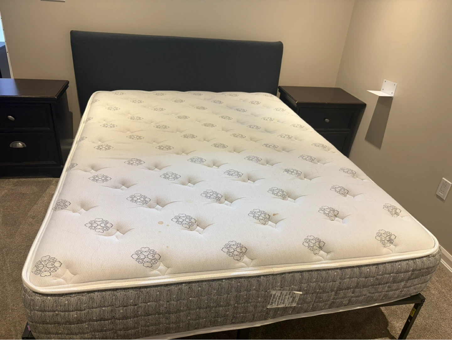 Sealy Queen Mattress, Bed Frame and Grey Silk and Snow headboard