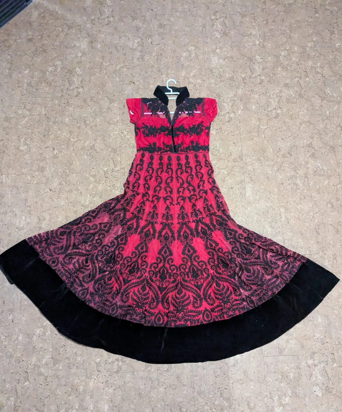 Women's Red and Black Embroidered velvet Anarkali Dress