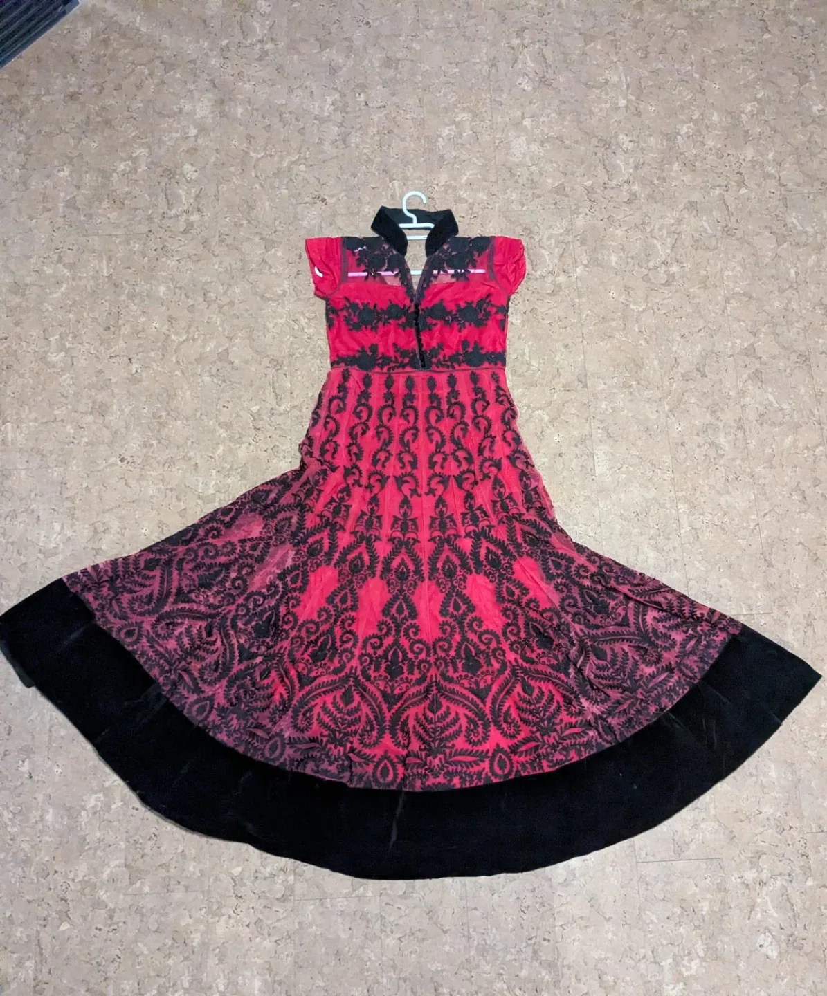 Women's Red and Black Embroidered velvet Anarkali Dress