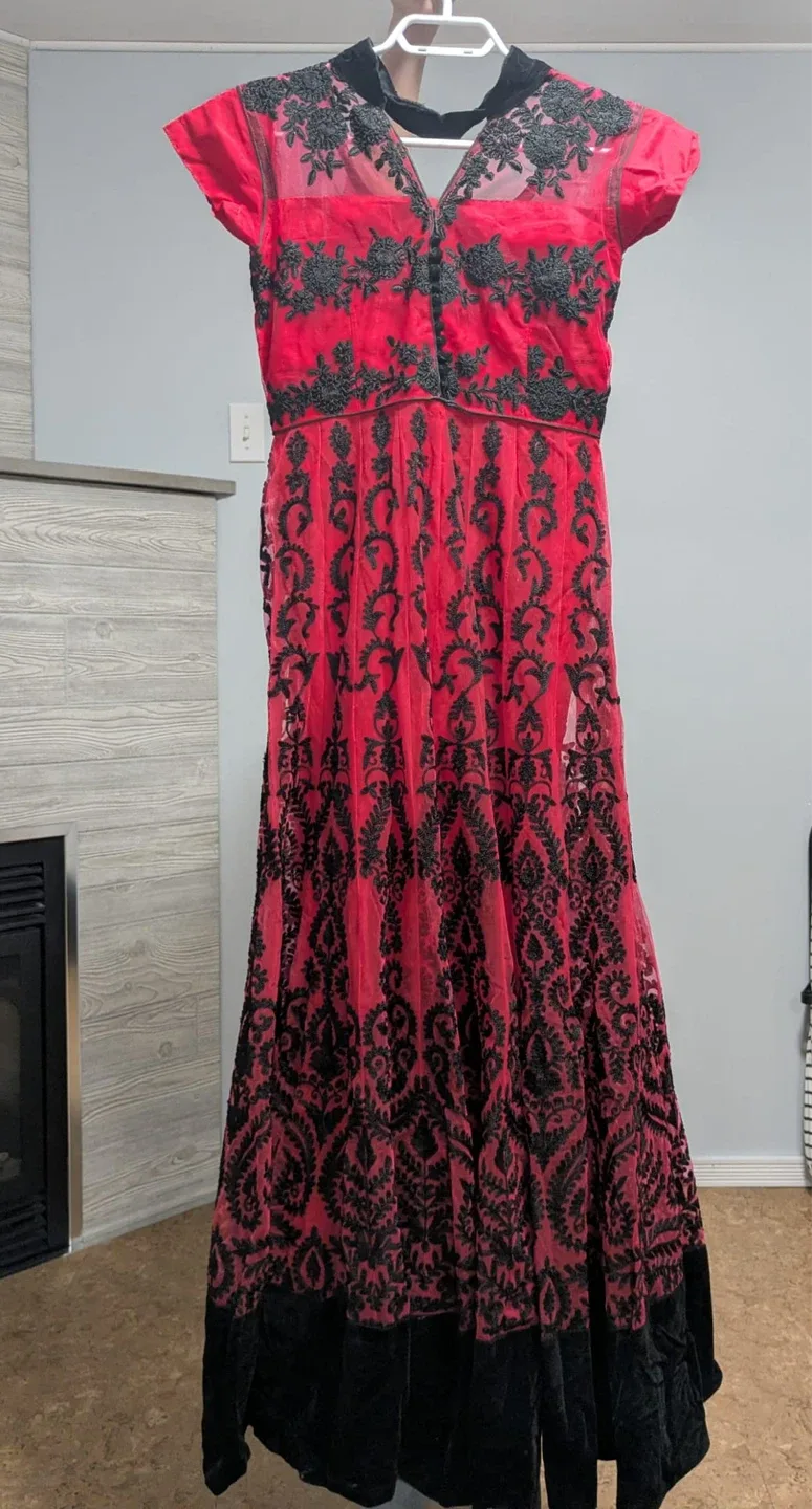 Women's Red and Black Embroidered velvet Anarkali Dress - photo 4
